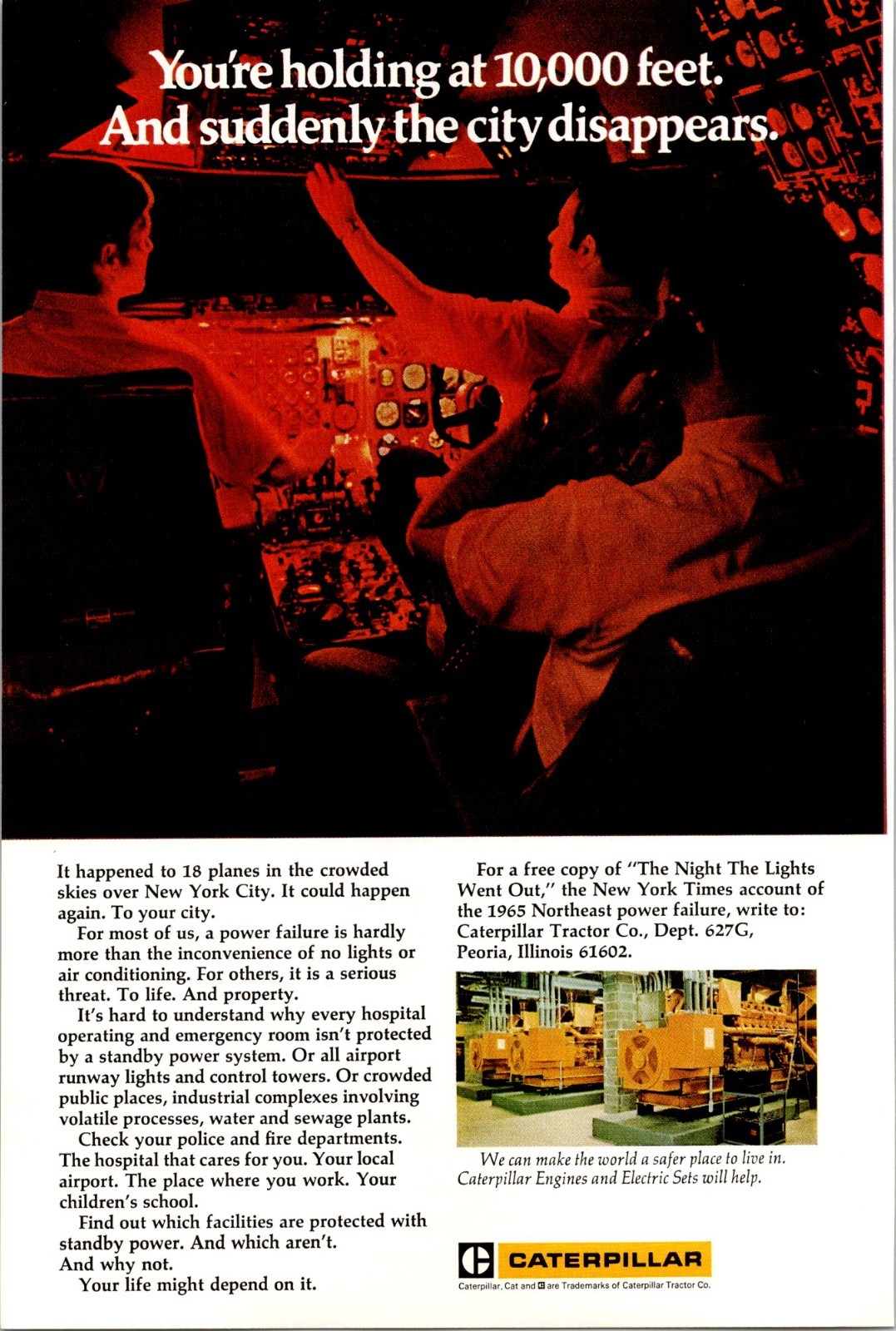 Caterpillar Protected by a standby power system Vintage Print Ad 1972