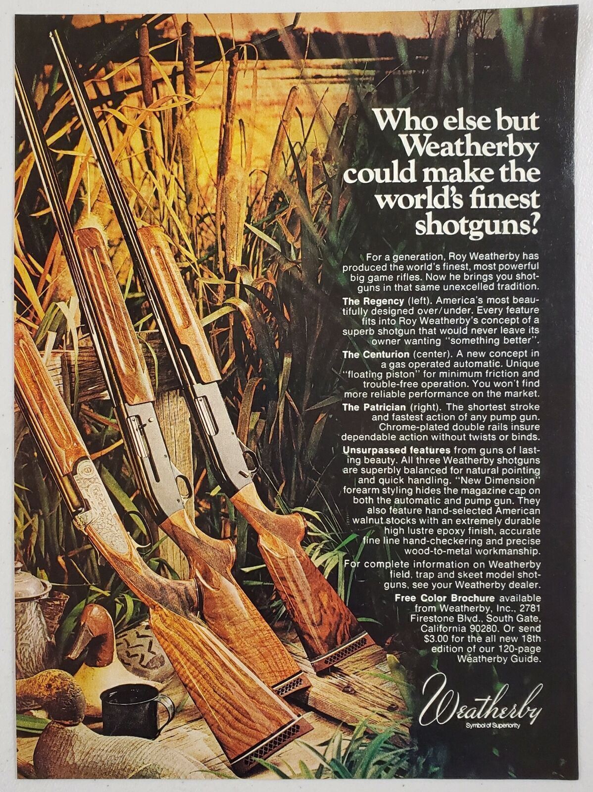 1975 Print Ad Weatherby Shotguns Regency, Centurion, Patrician South Gate,CA