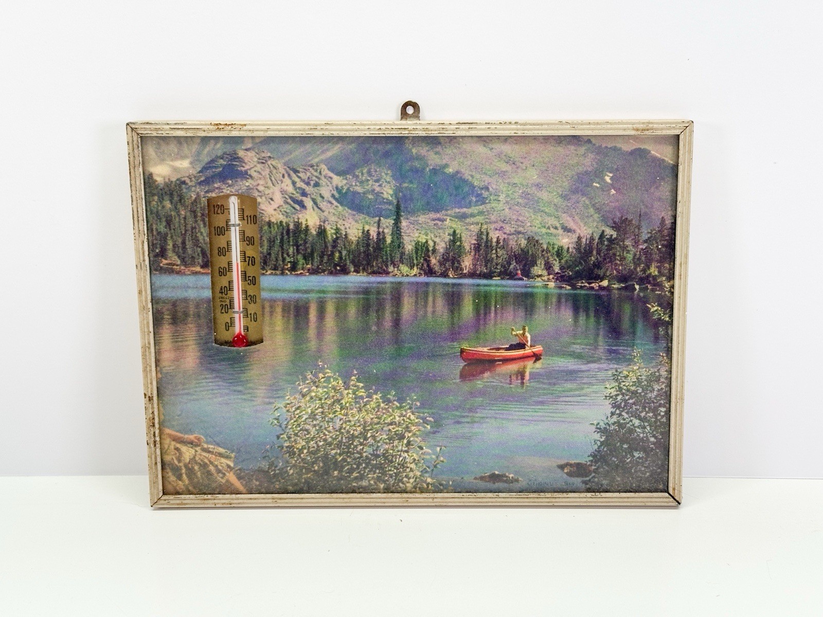 Antique 1930S Lithograph Advertising Thermometer Sign Mountain Lake Landscape