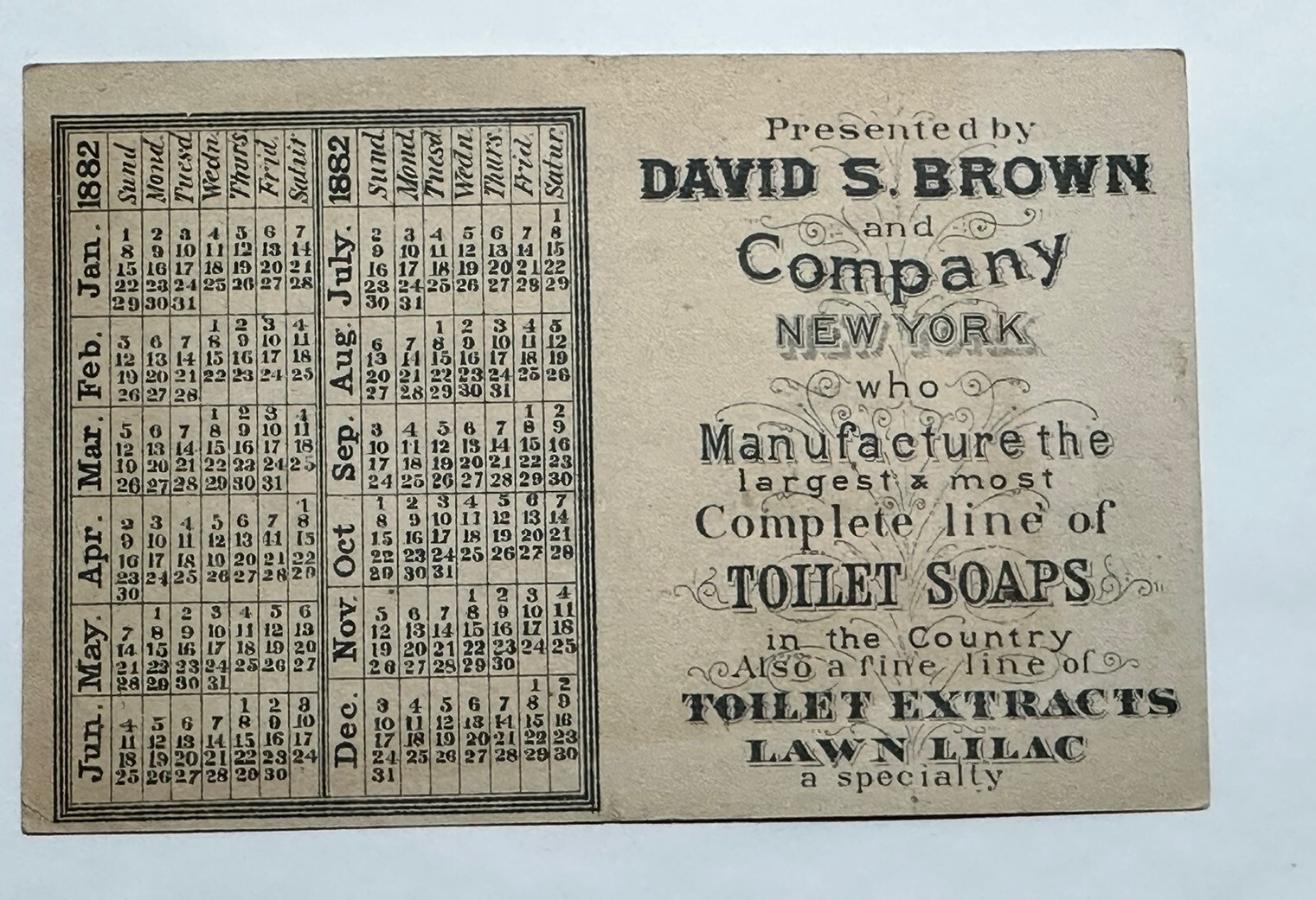 VICTORIAN TRADE CARD DAVID S BROWN SOAP MAKERS LAWN LILAC NY 1882 CALENDAR A90
