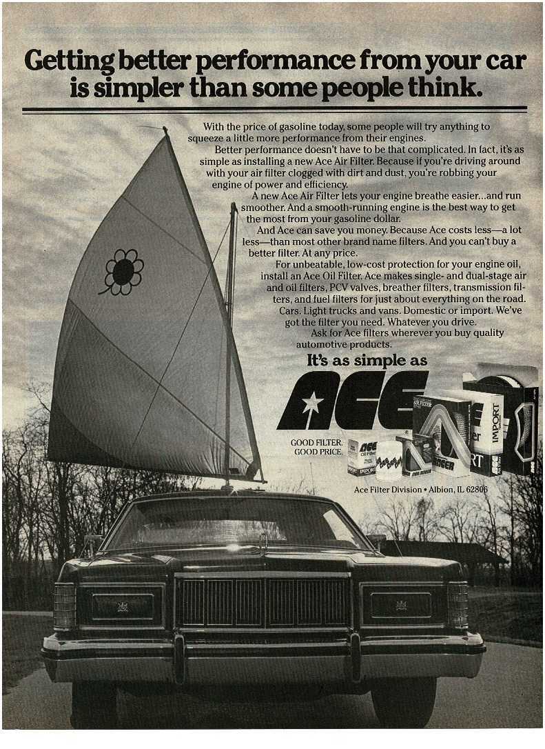 1981 ACE Oil Air Filters car with sail on roof for better mpg Vintage Print Ad