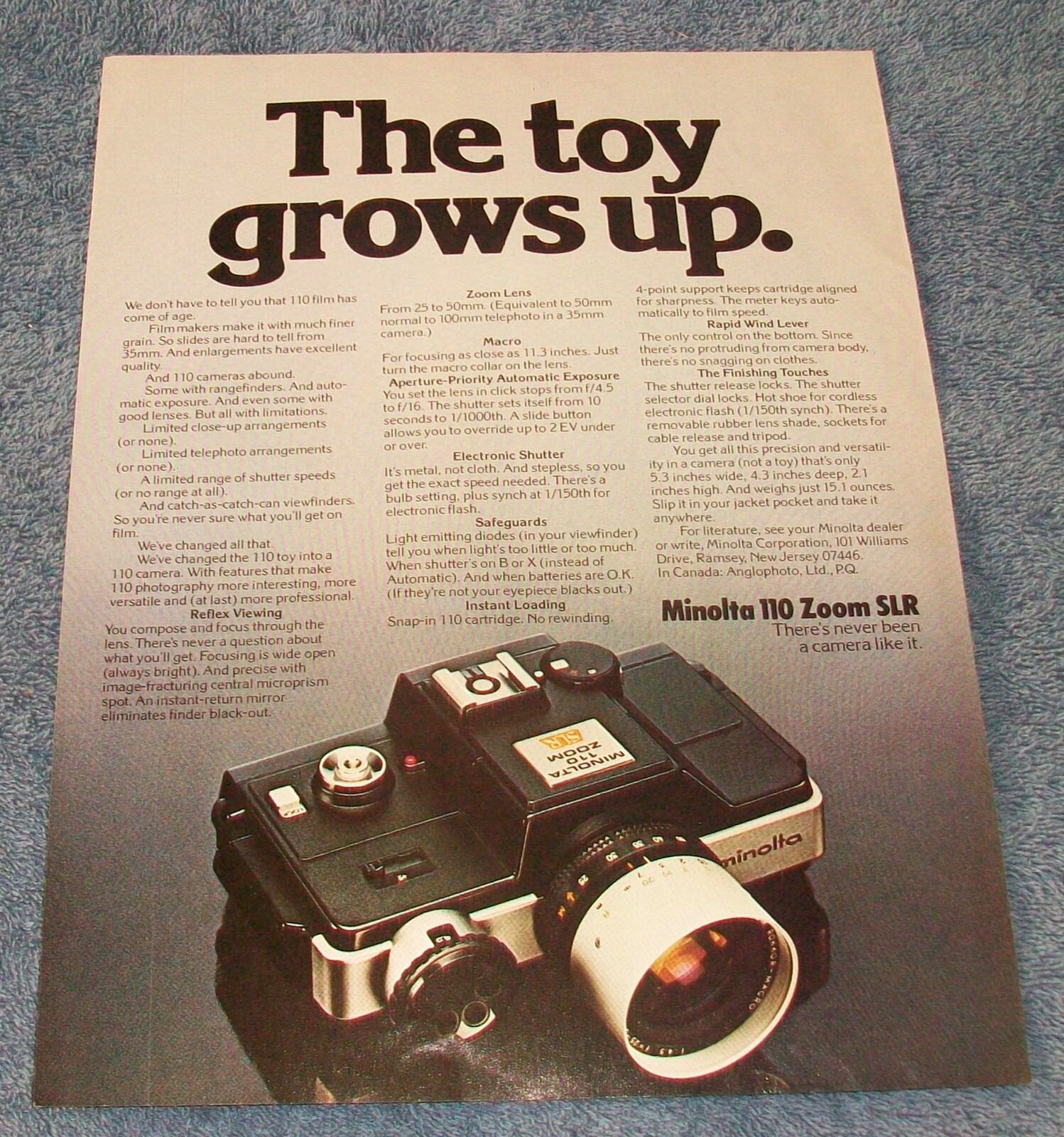 1977 Minolta 110 Zoom SLR Vintage Camera Ad “The Toy Grows Up”