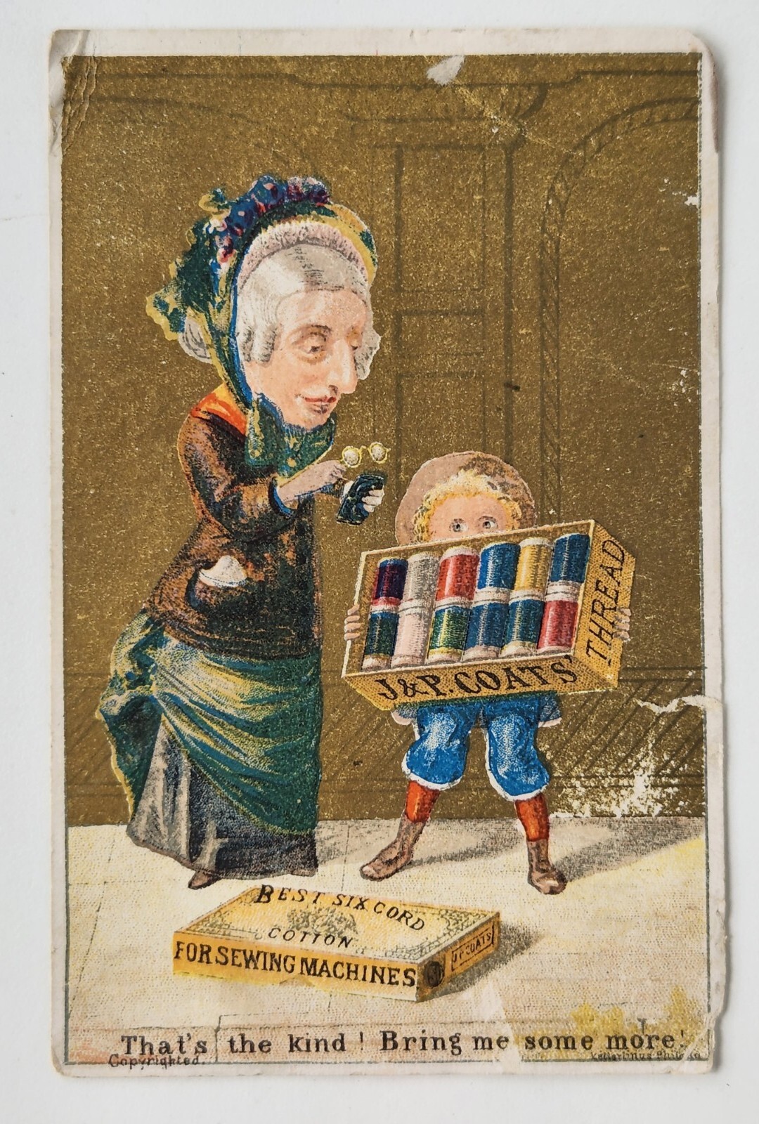 J&P COATS Thread Newsboy Grandma Old Lady KETTERLINUS LITHO Victorian Trade Card