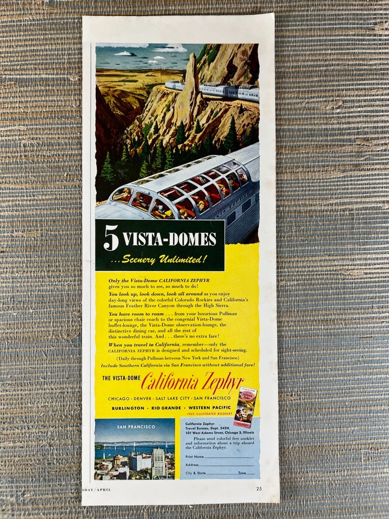 California Zephyr Vista-Dome Observation Lounge Train 1954 Vintage Print Ad