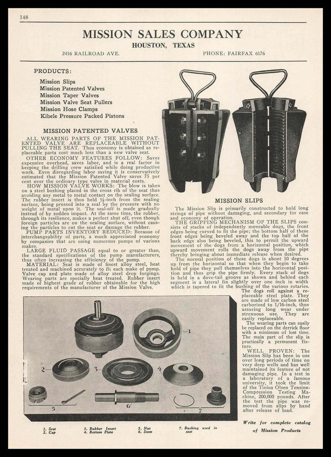 1931 Mission Sales Company Houston Texas Oil Field Slips Valves Vintage Print Ad