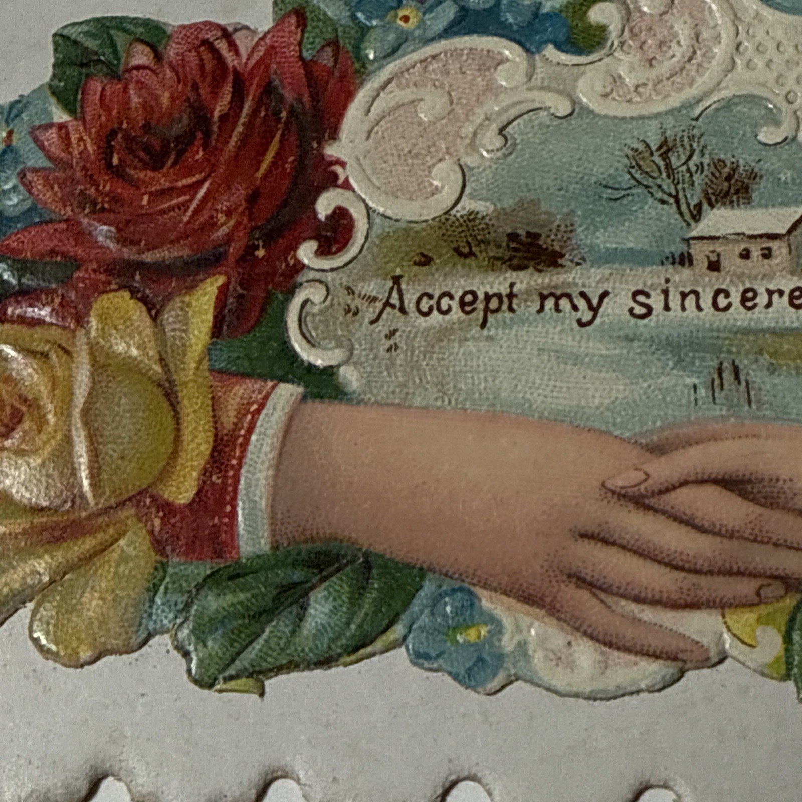 EDWIN YOUNG Peekaboo Hand Rose Die cut Victorian Calling Card 1880 LACE LOVE