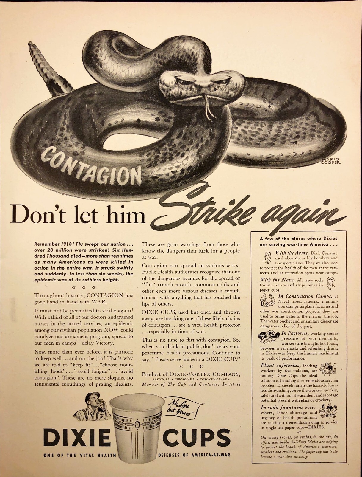 1942 Dixie Cups Prevent 1918 Flue America At War WWII Vintage Print Ad