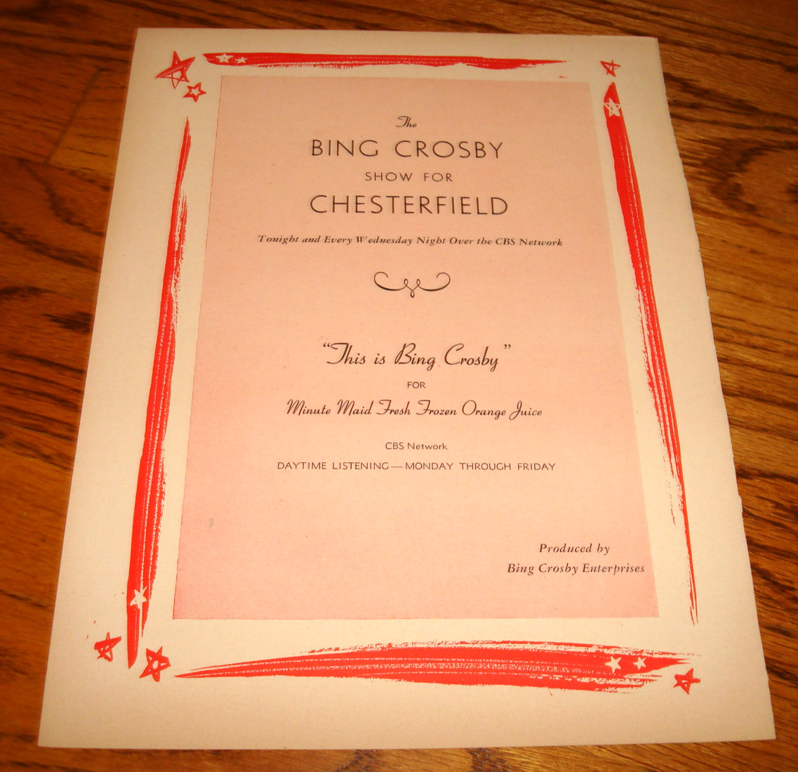 BING CROSBY SHOW for CHESTERFIELD 1949 CBS ad for Minute Maid Fresh Orange Juice