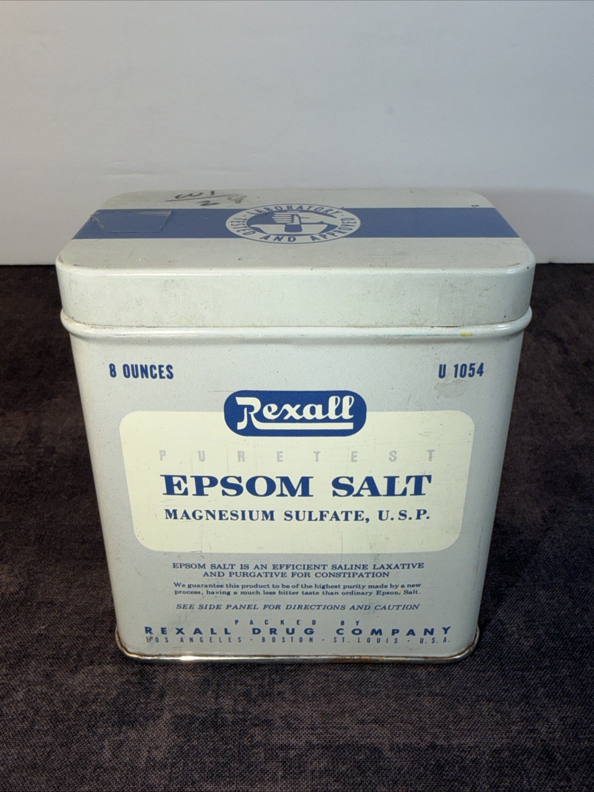 Rexall Drugs, Empty, Puretest Epsom Salt Tin-8 Oz-Made in USA-U1054-Light Gray.