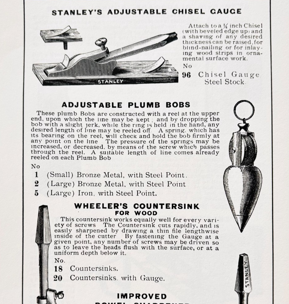 1900 Stanley Tools Plumb Bobs Chisel Advertisement Victorian Wood Engraving F17E