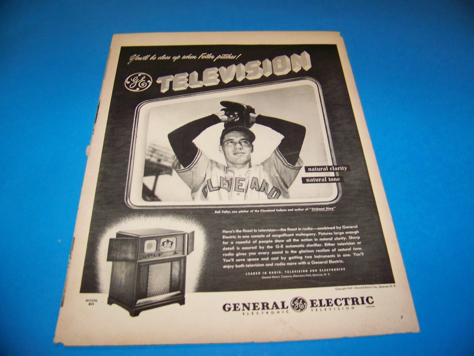 General Electric “Bob Feller Cleveland Indians” Print Ad from Magazine 1947