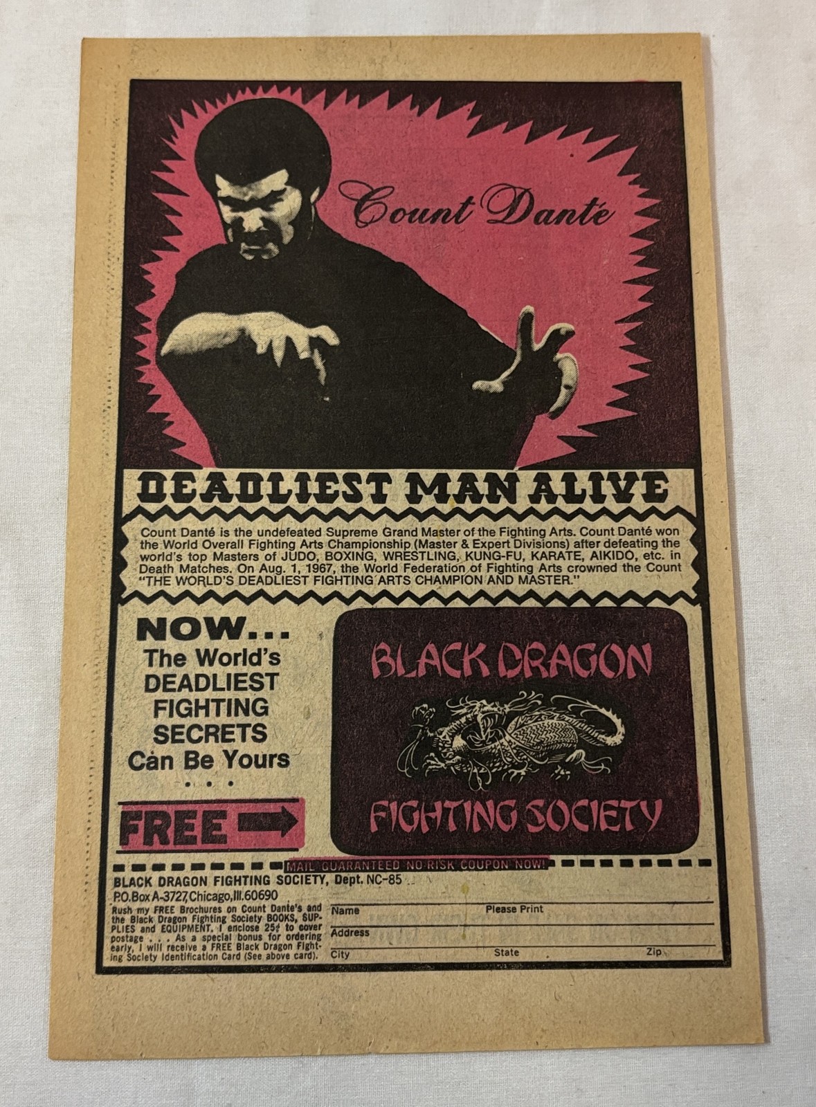 1975 ad page ~COUNT DANTE, DEADLIEST MAN ALIVE Black Dragon Fighting Society MMA