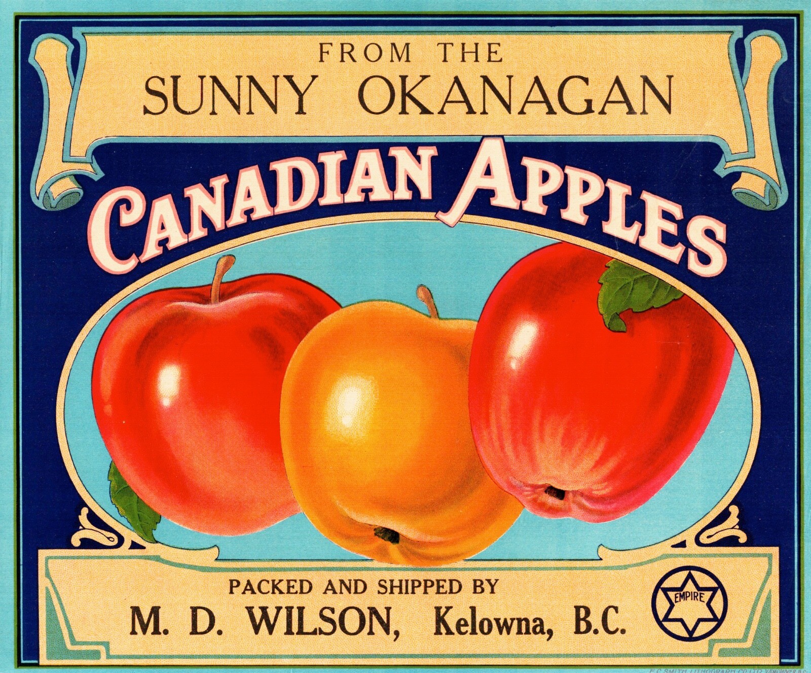 1 Vintage SUNNY OKANAGAN Brand Canadian Apple Fruit Crate Label Kelowna, B.C.