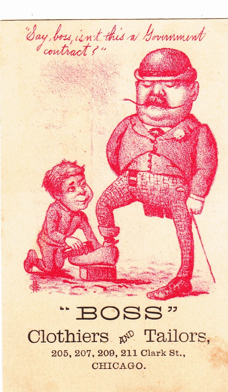 Boss Clothiers & Tailors Chicago Government Contract Shoe Shine Vict Card c1880s