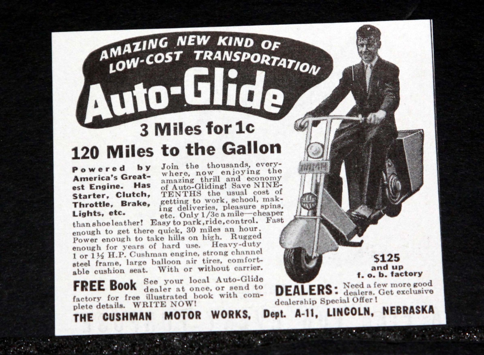 1937 OLD MAGAZINE PRINT AD, CUSHMAN MOTOR WORKS-RIDE AUTO-GLIDE SCOOTER-AMAZING!