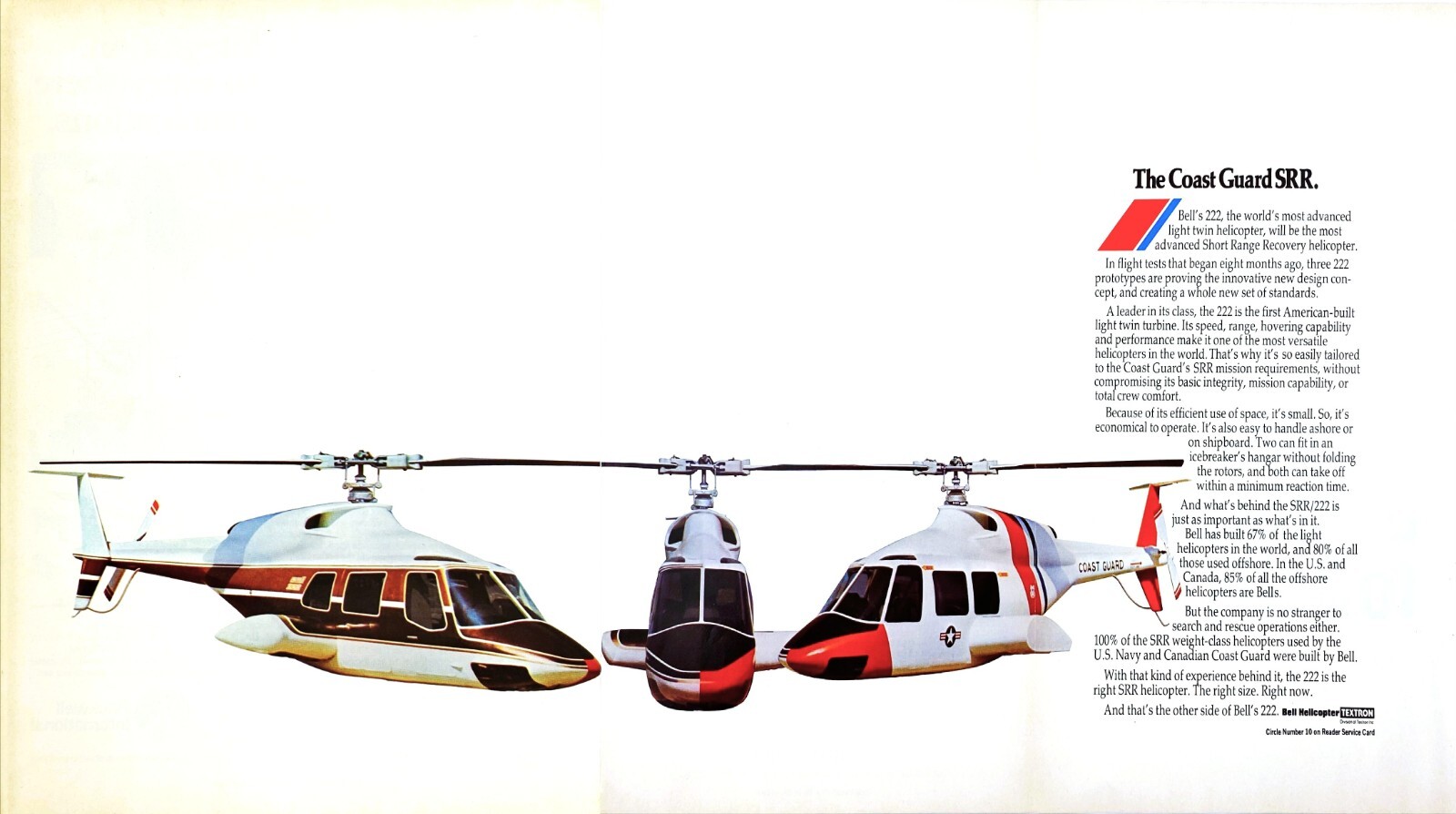 US Coast Guard SRR Bell 222 Helicopter Most Advanced Light Twin Vtg Mag Print Ad