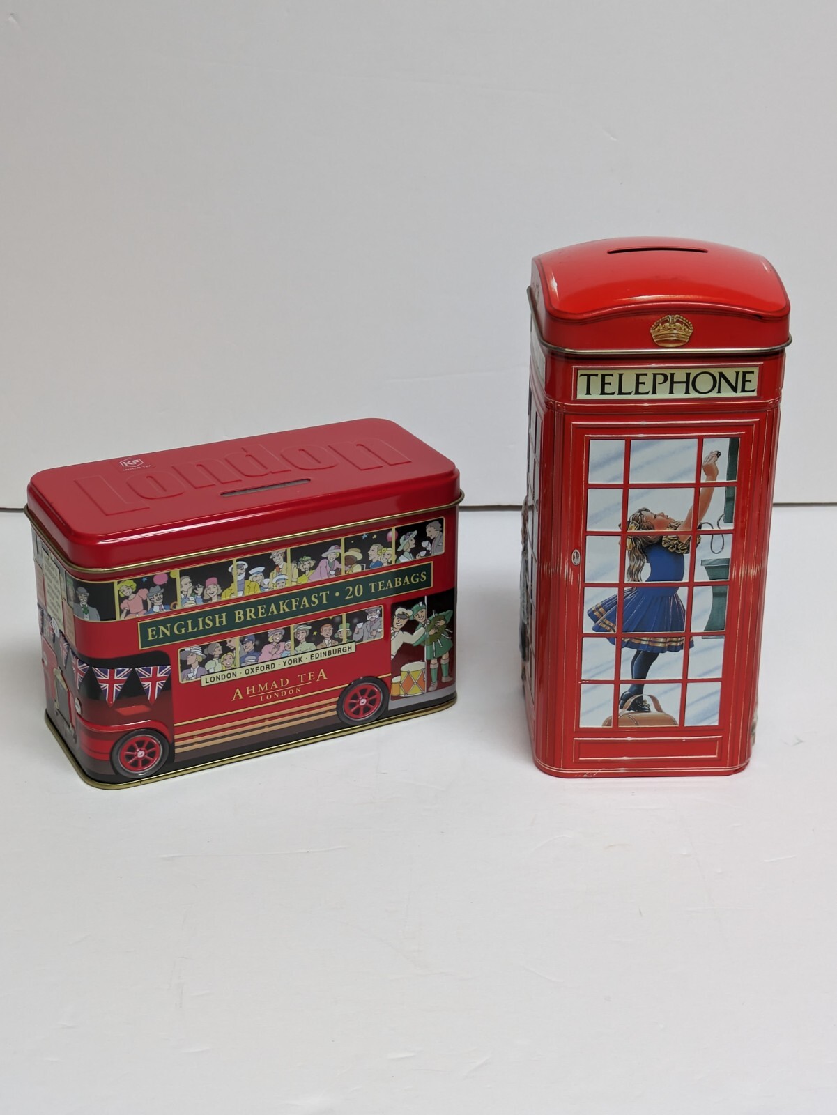 2 English Tin Coin Banks Ahmad Tea LONDON Bus & Churchills Telephone Kiosk NICE