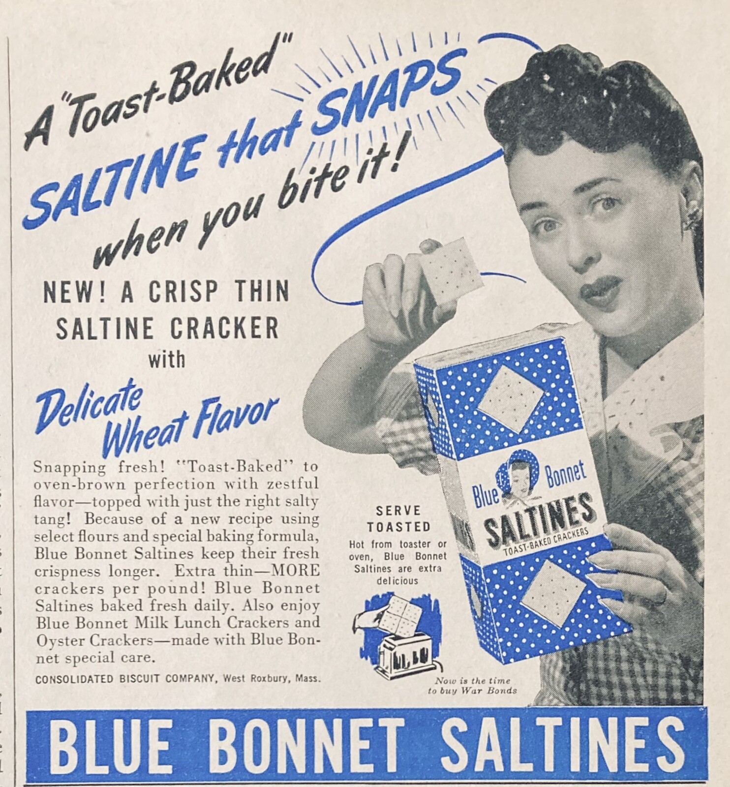 1943 AD(L17)~CONSOLIDATED BISCUIT CO. W. ROXBURY, MASS. BLUE BONNET SALTINES
