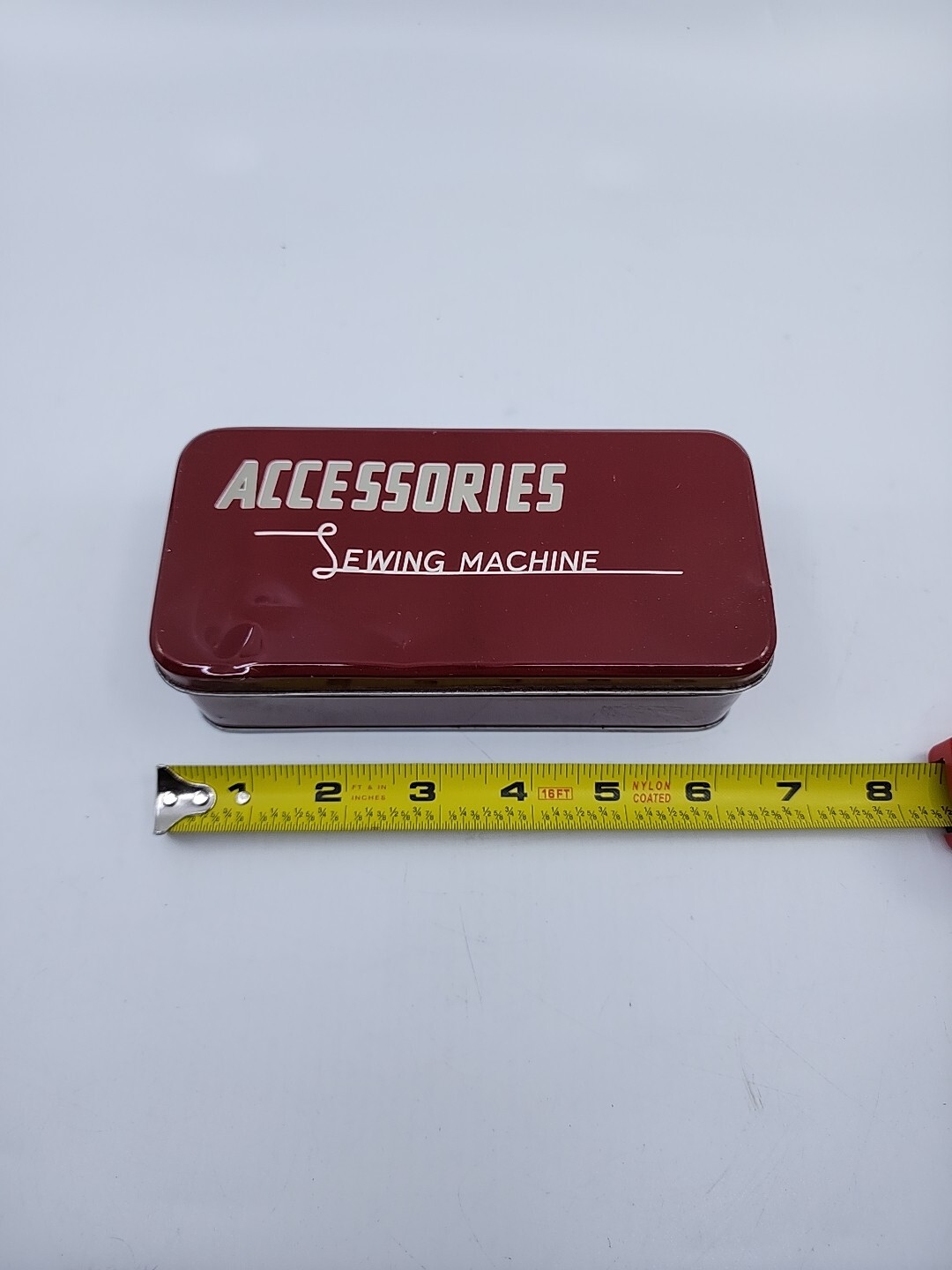 Vintage Sewing Machine Accessories Tin Box Maroon Metal Storage Case