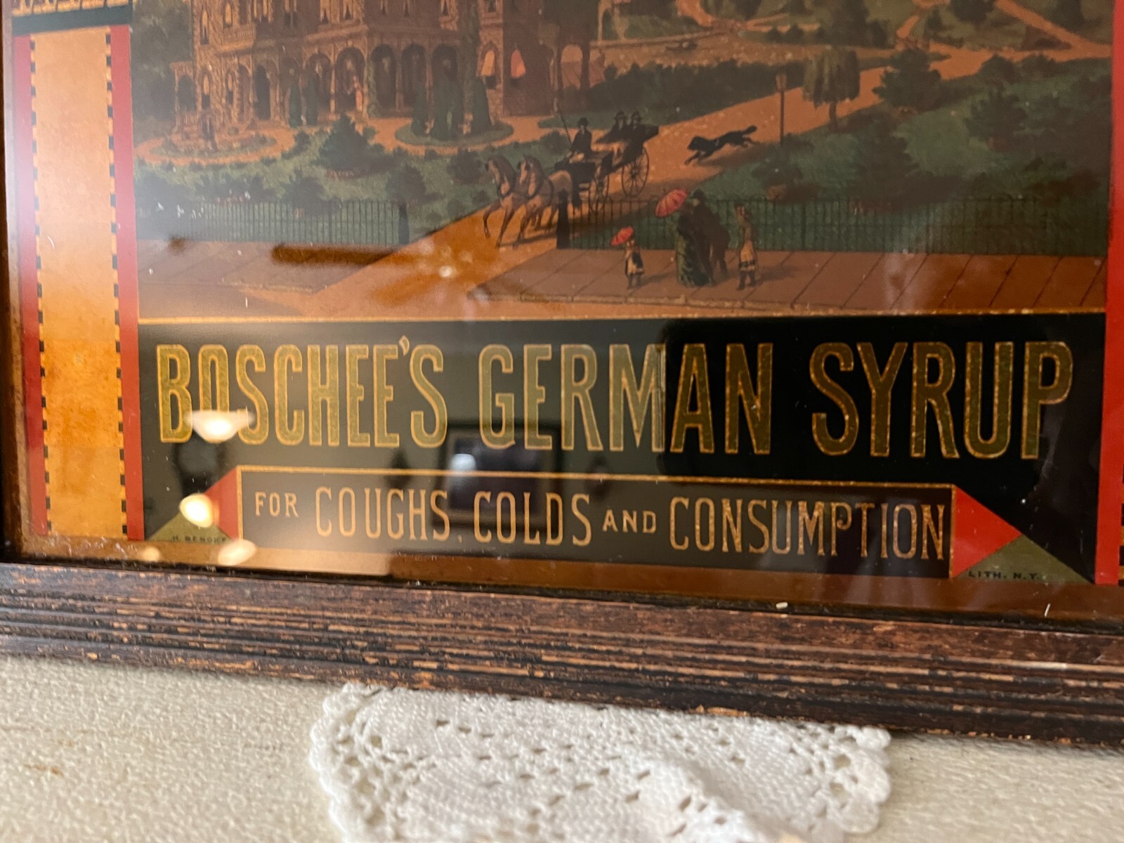 Rare August Flower German Syrup Quack Medicine Reverse Painted Sign on glass