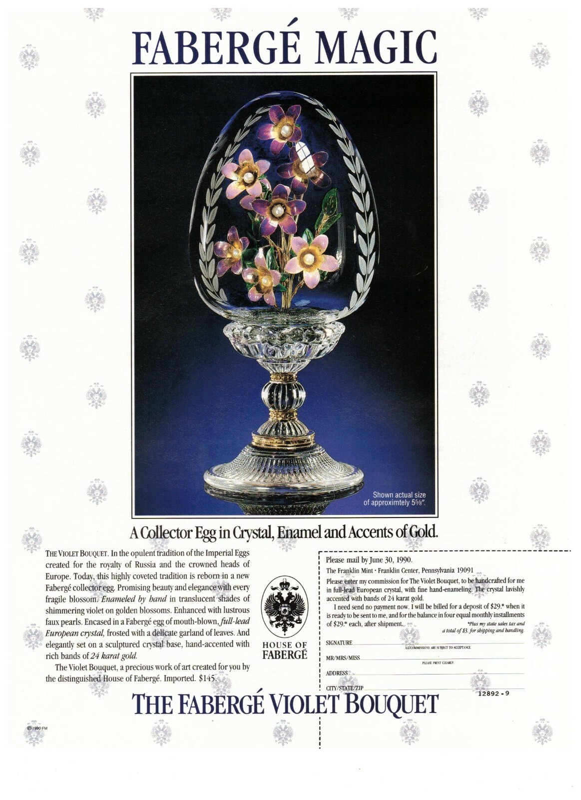 1990 Franklin Mint Faberge Violet Bouquet Glass Egg Vintage Print Advertisement