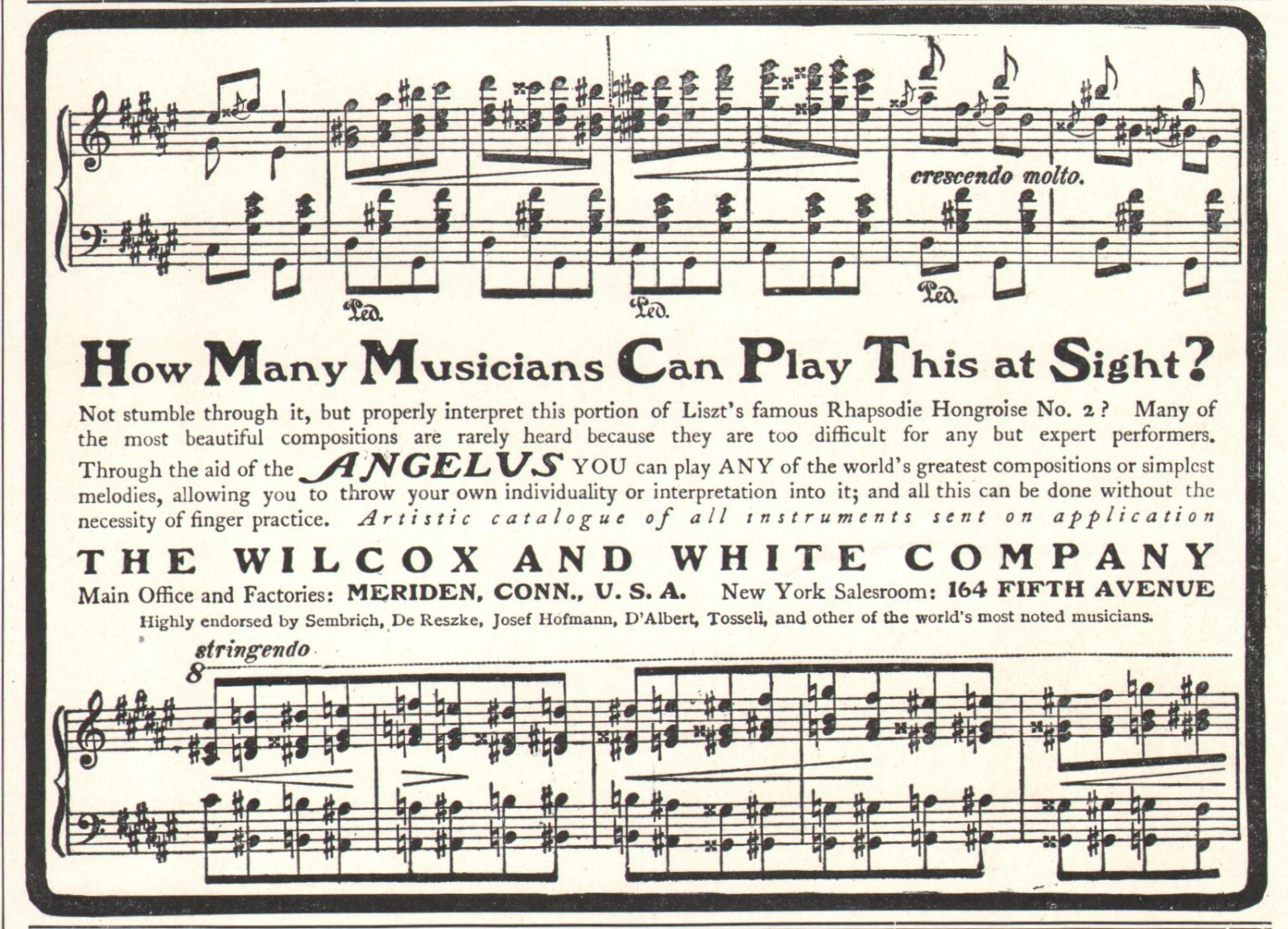 Angelus Player Piano Liszt Rhapsodie Hongroise No. 2 1901 Antique Print Ad