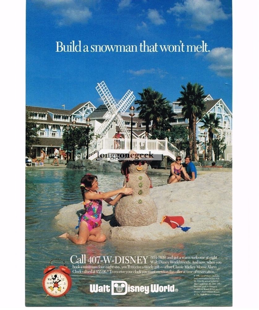 1991 WALT DISNEY WORLD Sandman Snowman Beach Mickey Mouse Clock Vintage Print Ad
