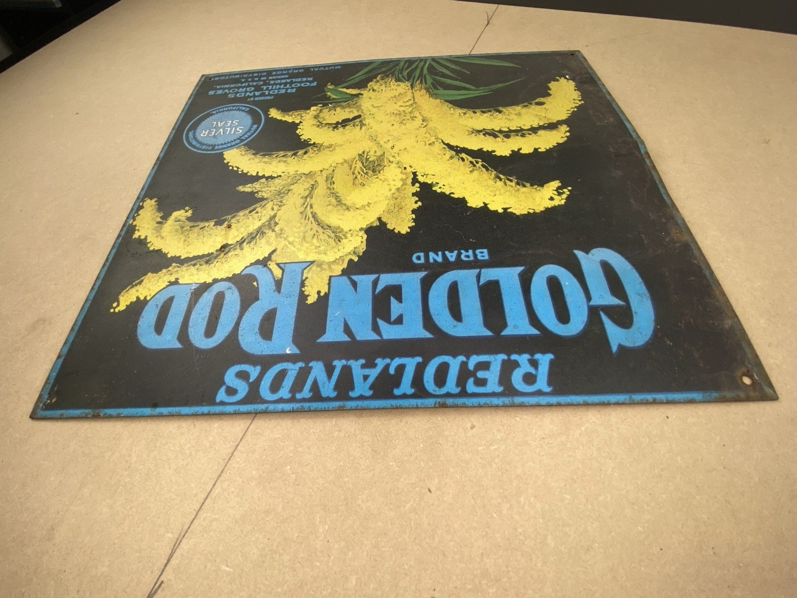 Vintage Metal Advertising Sign Golden Rod Redlands Foothill Groves 13.5 x 12.5