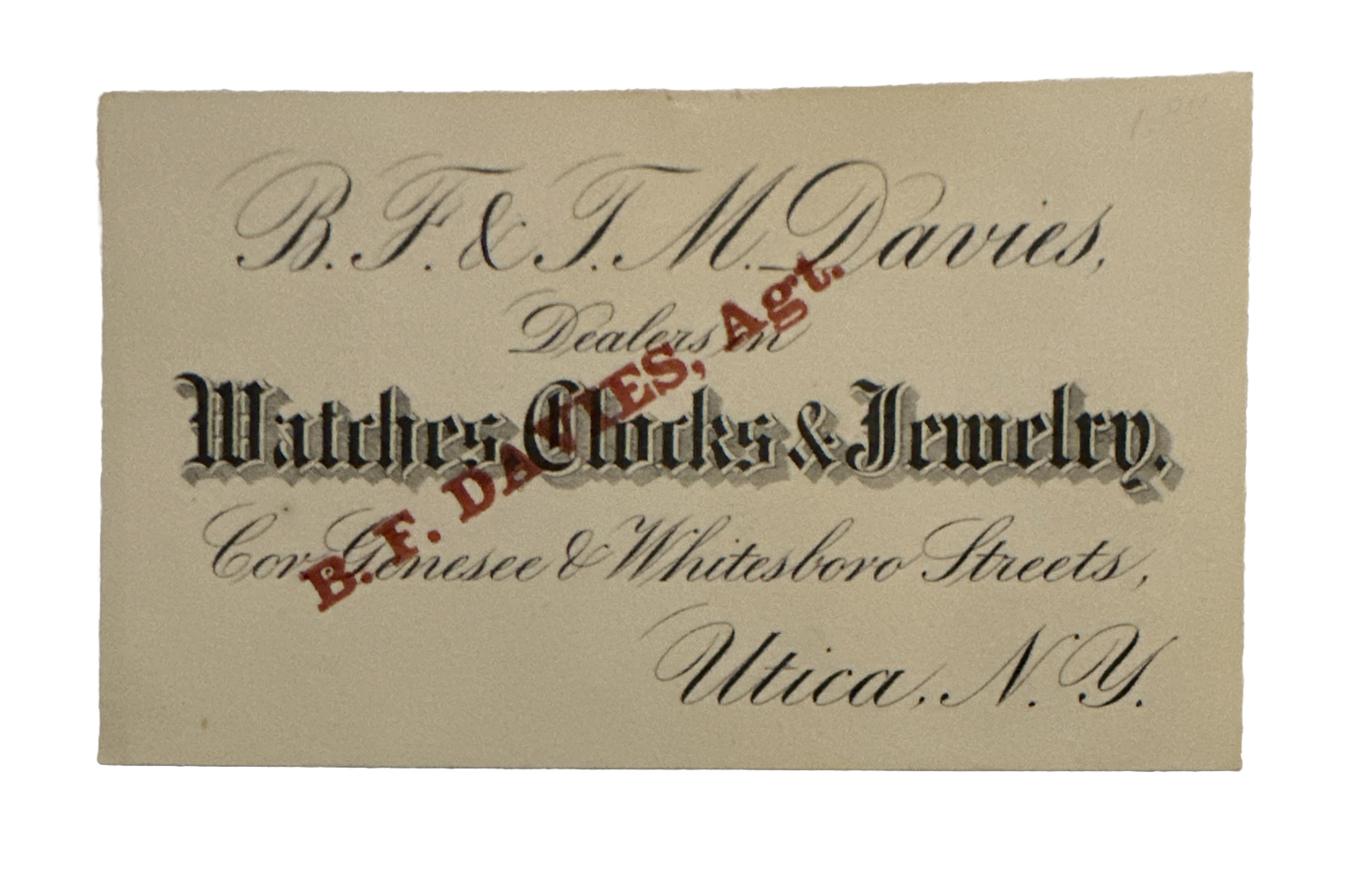 Victorian Jewelers Trade Card BF & TM Davies Watches Clocks Utica NY B30