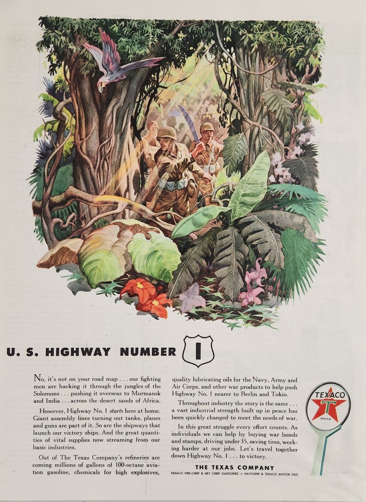 1943 Print Ad Texaco Oil & Gas US Army Soldiers in Jungle World War 2