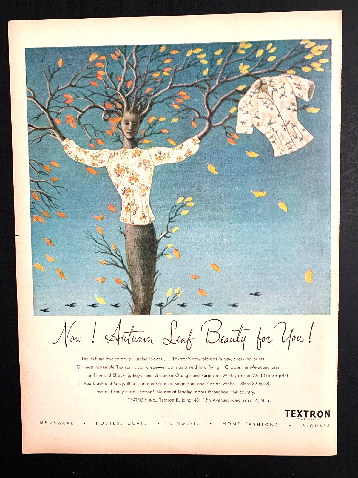 1946 Textron Autumn Leaf Beauty Print Ad Life Mag 13in x10 in Fashion