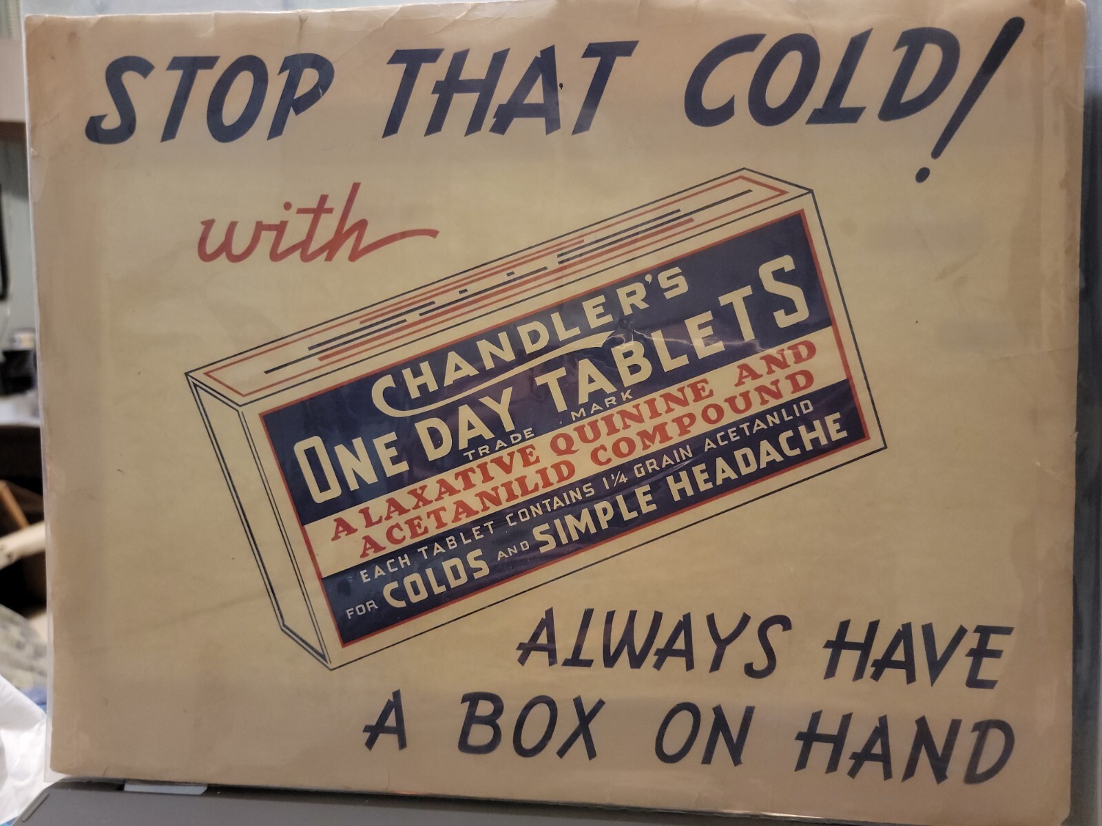 Paper advertising Poster CHANDLER’S ” One Day Tablets ” 14 1/2″ x 11 1/4″