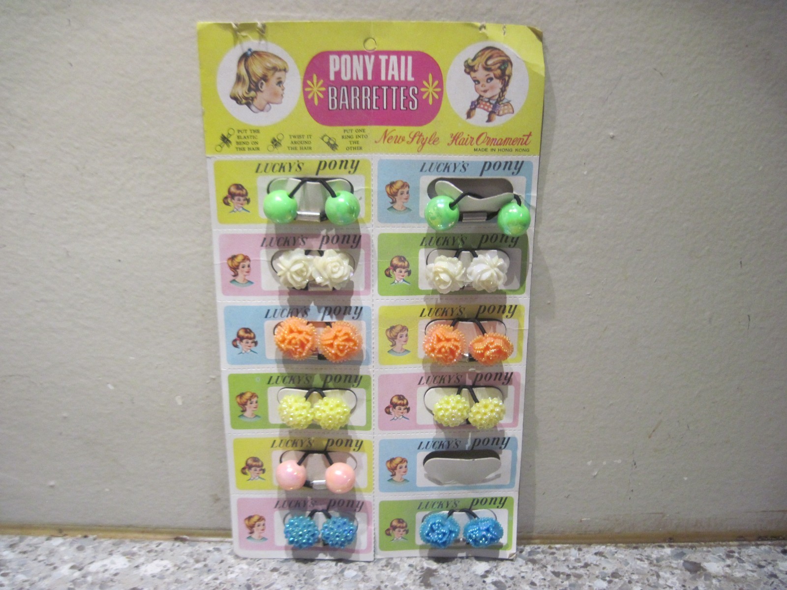 Vintage Hong Kong Store Display Card of Ponytail Barrettes NOS