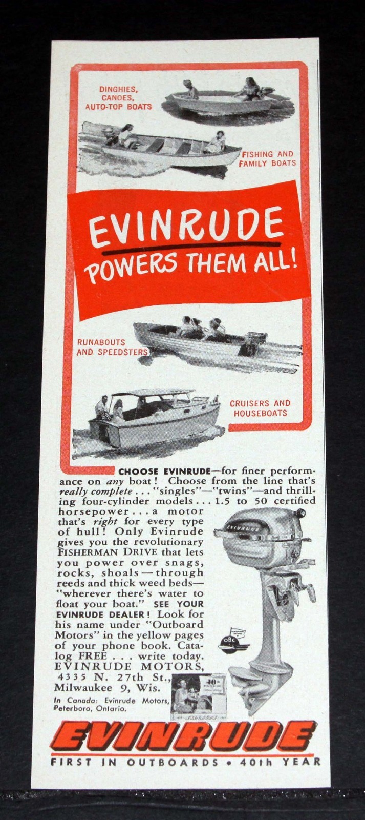 1949 OLD MAGAZINE PRINT AD, EVINRUDE OUTBOARD MOTORS POWER ALL KINDS OF BOATS!