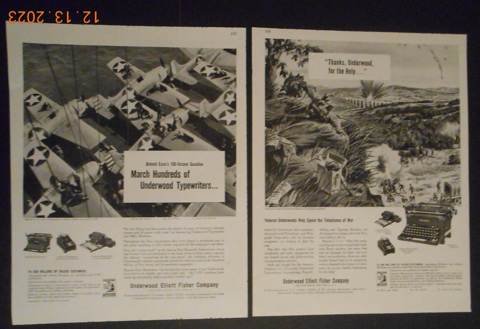 2 1943 Underwood Elliott Fisher CO WWII War ads U.S. Navy fighter planes soldier