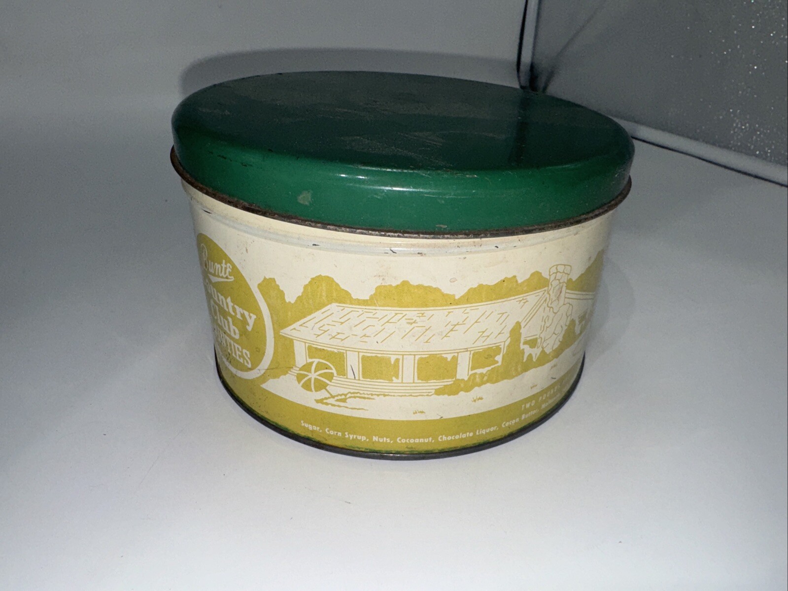 BUNTE COUNTRY CLUB DAINTIES TIN LITHO CAN CANDY COOKIES COUNTRY STORE OLD VTG !!