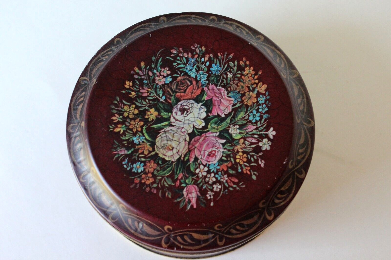 Barringer Wallis And Manners Victorian Roses on Maroon Tin Can Container England