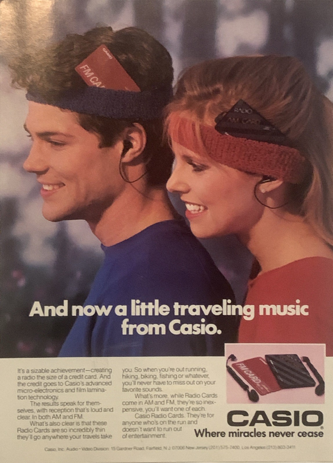 1985 Casio Radio Card PRINT AD Portable Music AM / FM VTG 1980s Headband Couple