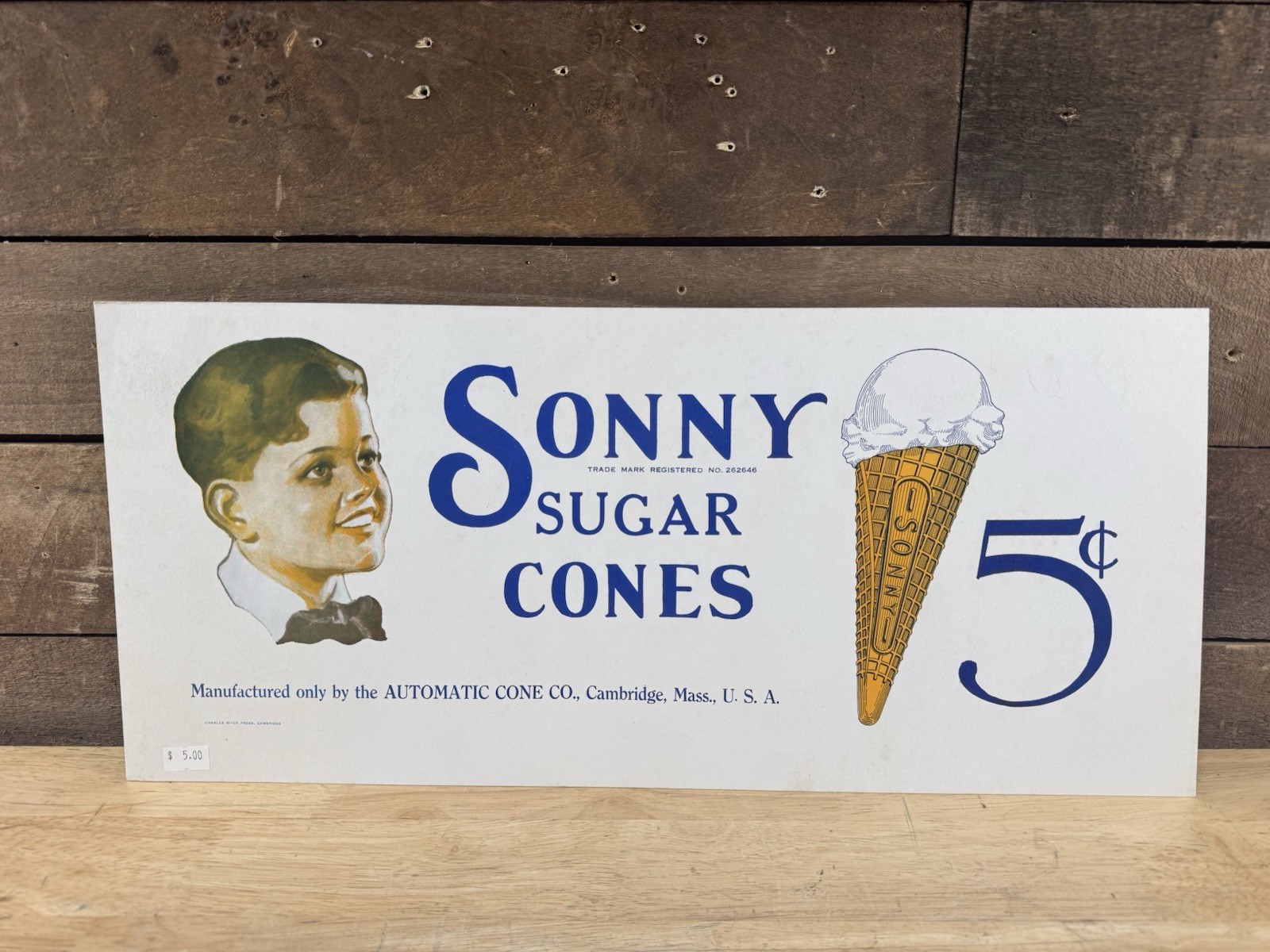 Antique NOS Sonny Sugar Cones Advertising Sign 5 Cents Cambridge Mass.
