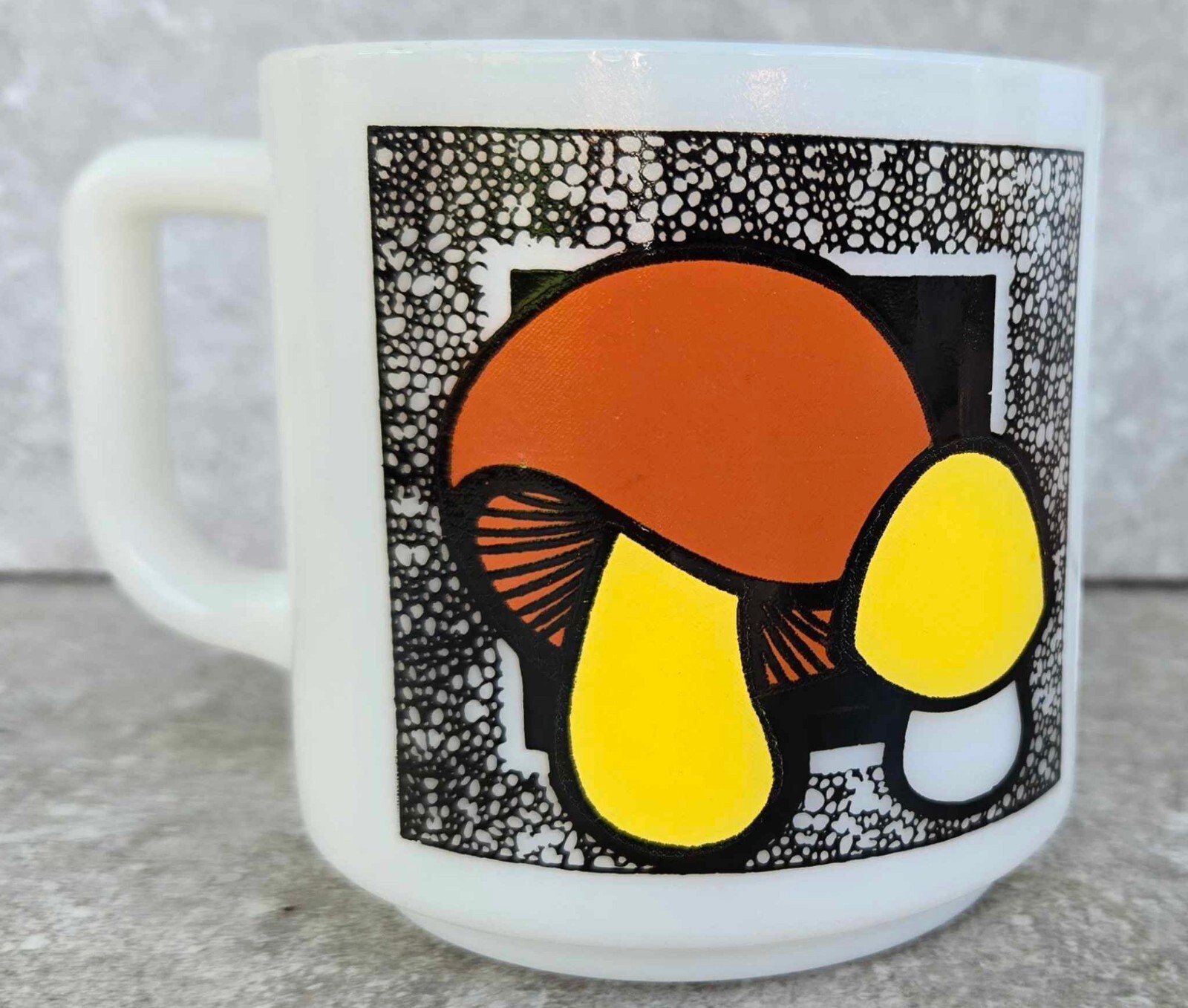 Vtg Hazel Atlas Merry Magic Mushroom Hippie Milk Glass Coffee Mug FREE US SHIP