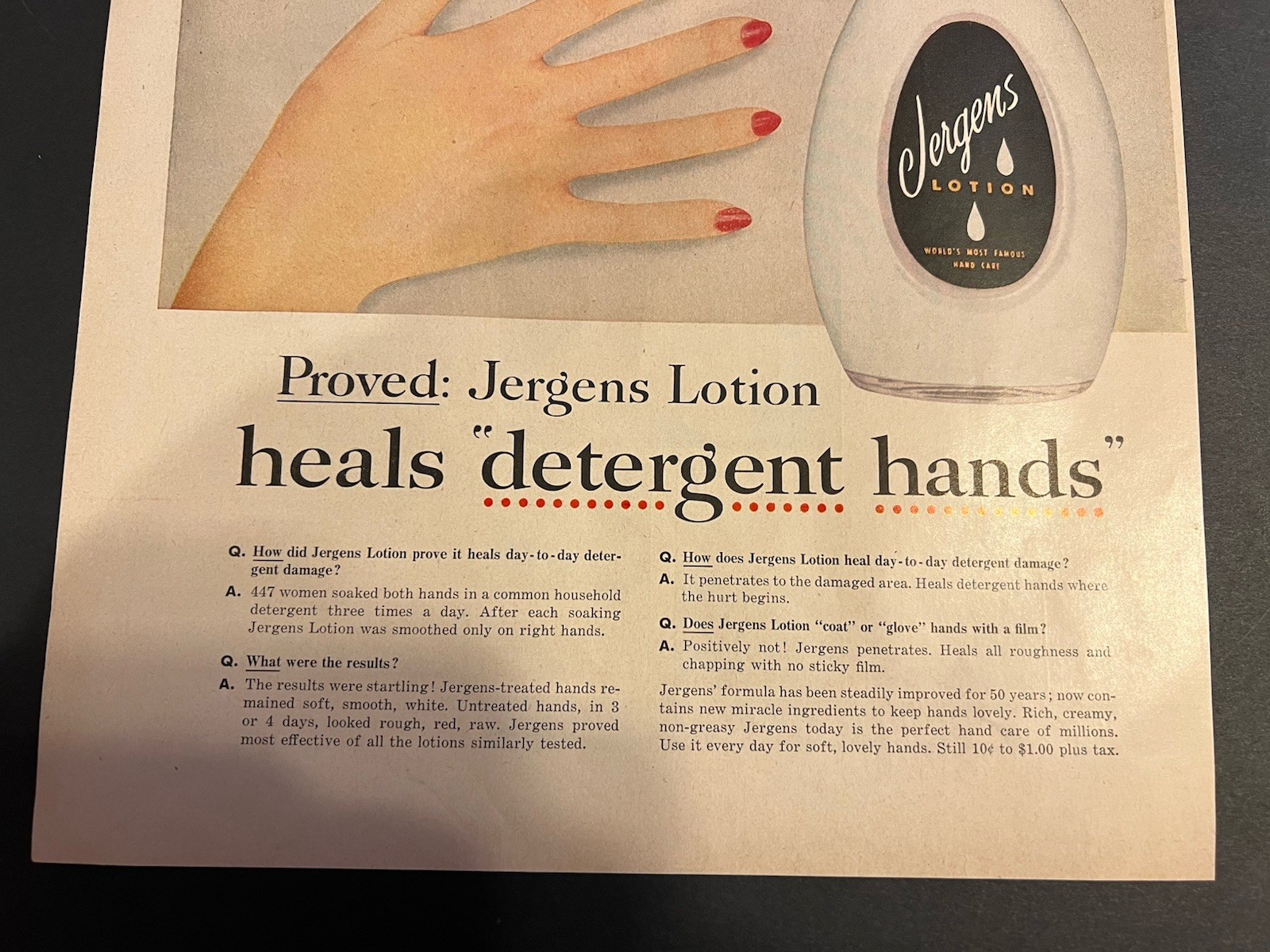 Vtg 1950s AD Jergens Lotion-Heals Detergent Hands-Jergens Penetrates