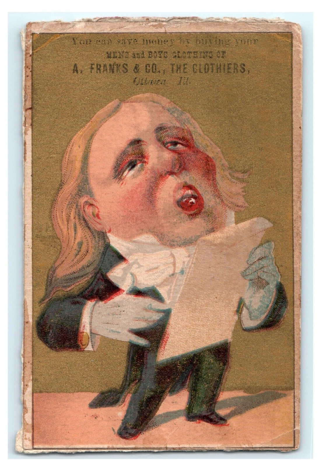 A . Franks & Co. The Clothiers Man Singing Opera – Ottawa ILL – Damaged