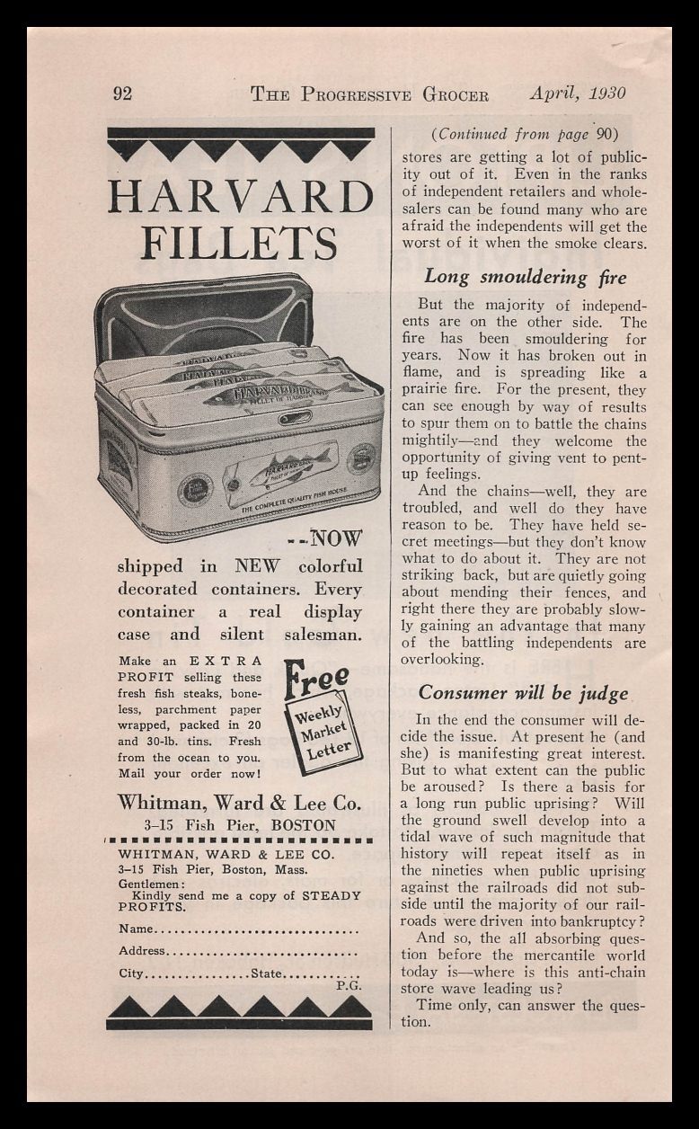 1930 Harvard Fish Fillets Container Whitman Ward & Lee Boston Vintage Print Ad