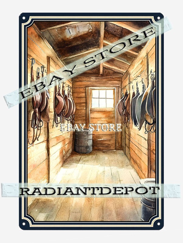 stable interior tack room Metal Tin Sign rustic barn equestrian decor scene