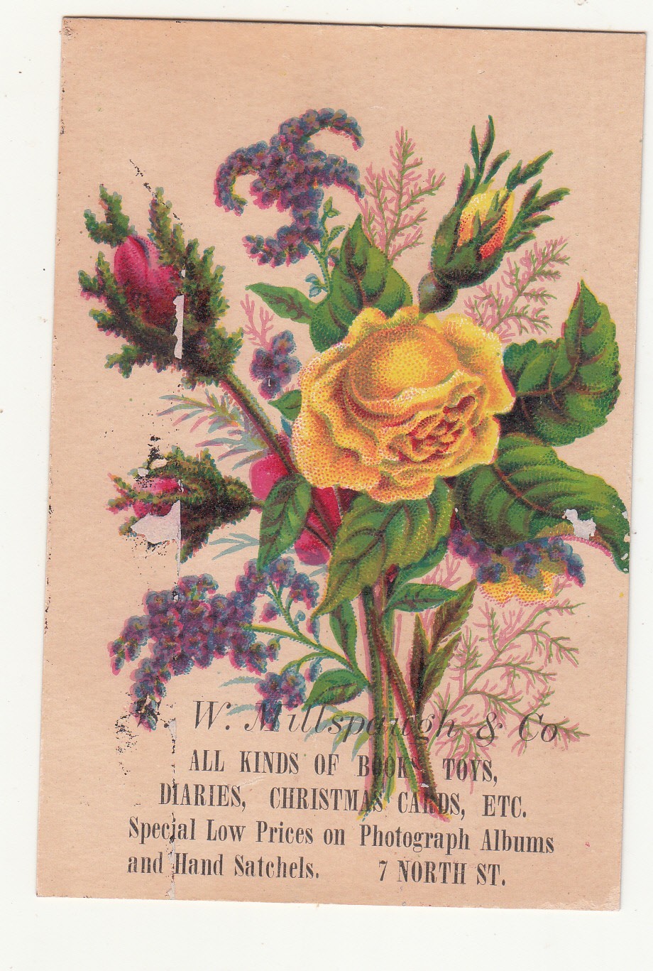 S W Millspaugh & Co Toys Stationery Albums Yellow Rose Vict Card c1880s