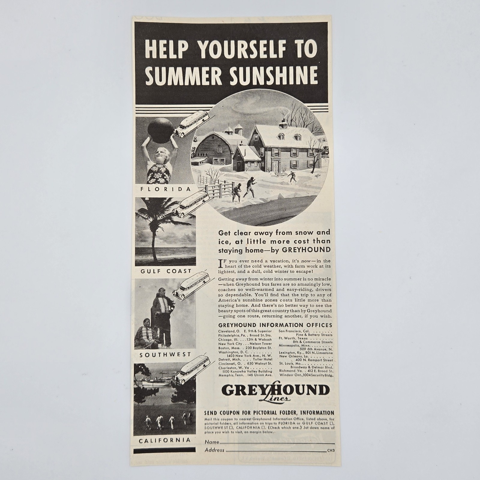 1936 Greyhound Bus Snowy Farm & Barn Print Ad 4.75 x 10.5