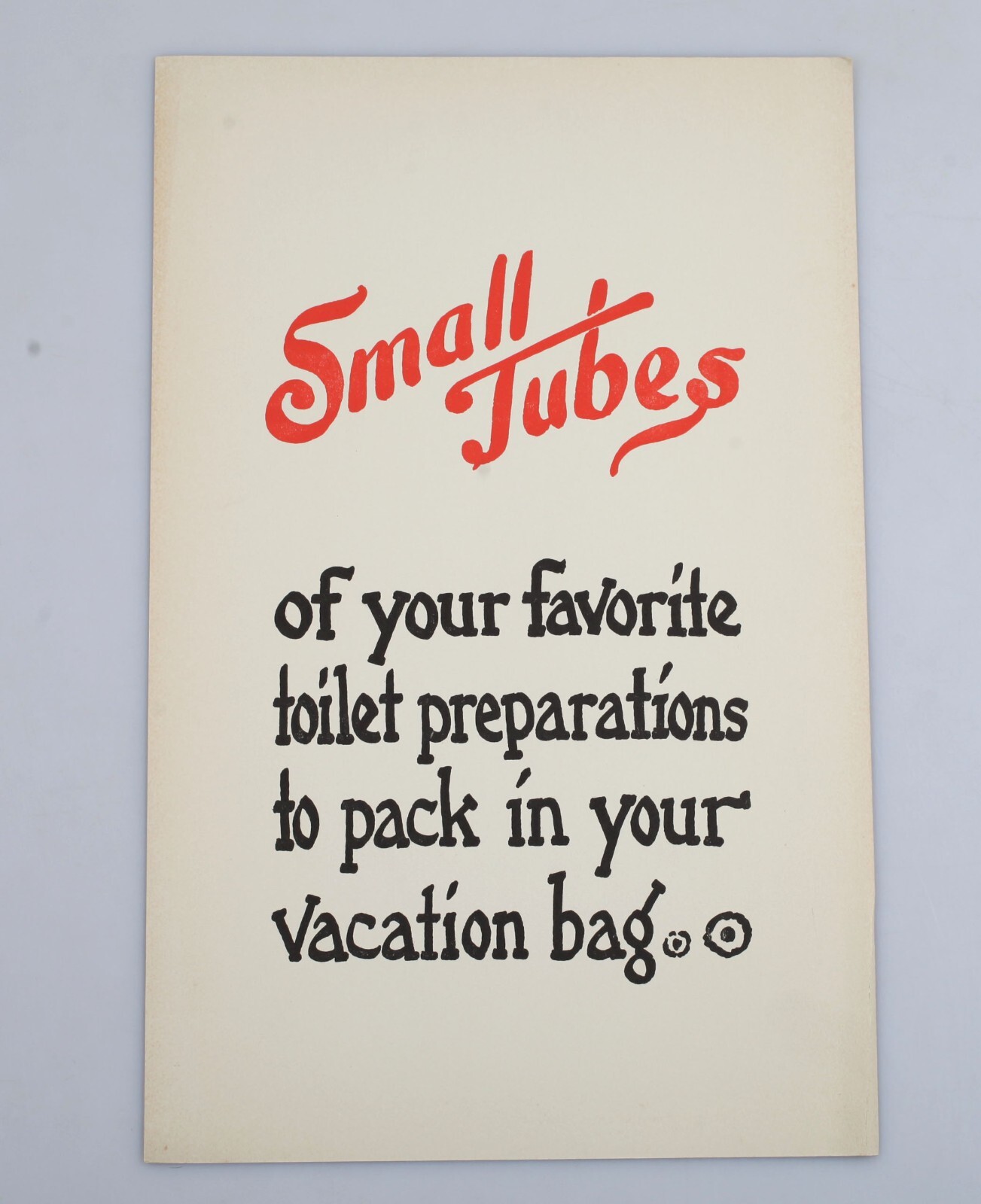 1932 Drug Store Advertising Window Display Placard Vacation Bag Small Tubes