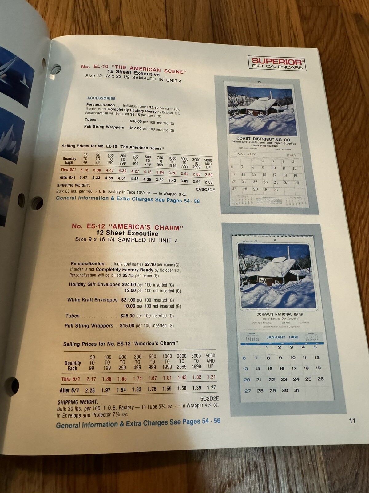 1985 Superior Gift Calendar Line Salesman Price List