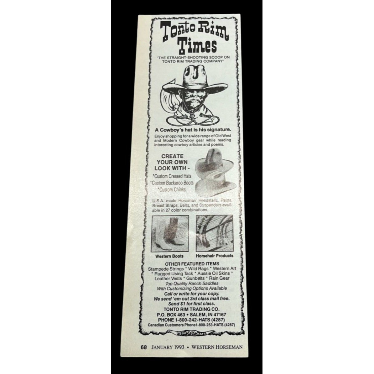 Tonto Rim Trading Times Vintage Print Ad 1990s Western Clothing Hats Salem IN