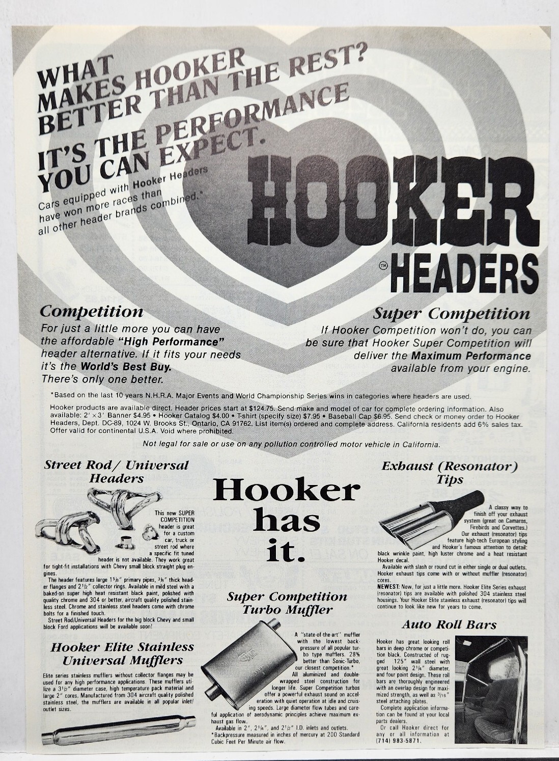 1989 Hooker Headers Racing Competition Exhaust Mufflers Retro Original Print Ad